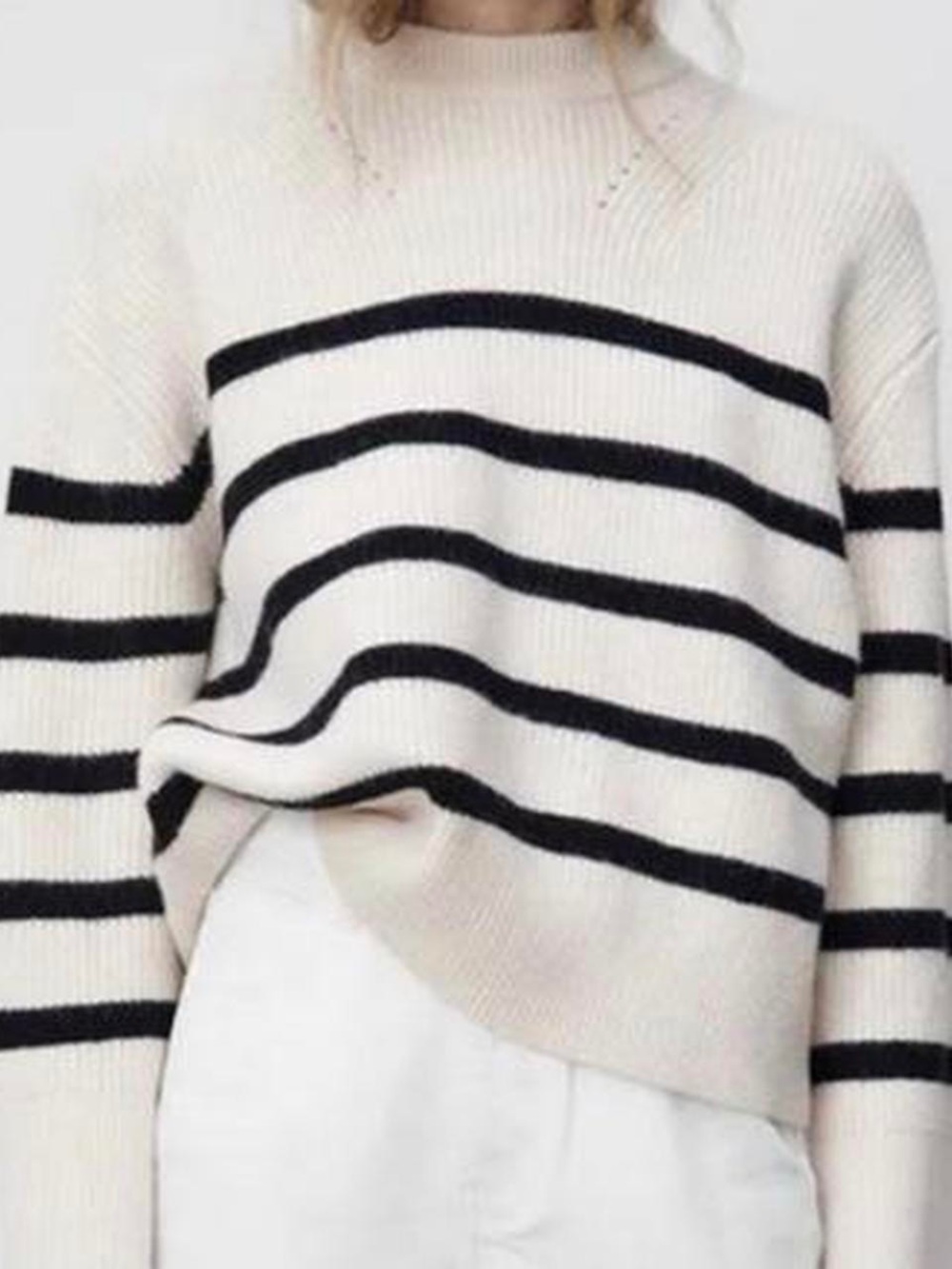 Zara Oversized Cream & Black Striped Ribbed Crewneck Sweater
